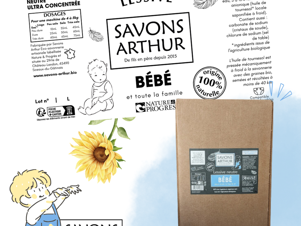 Étiquette lessive bébé non parfumée. Pour toute la famille. Compatible couches lavables