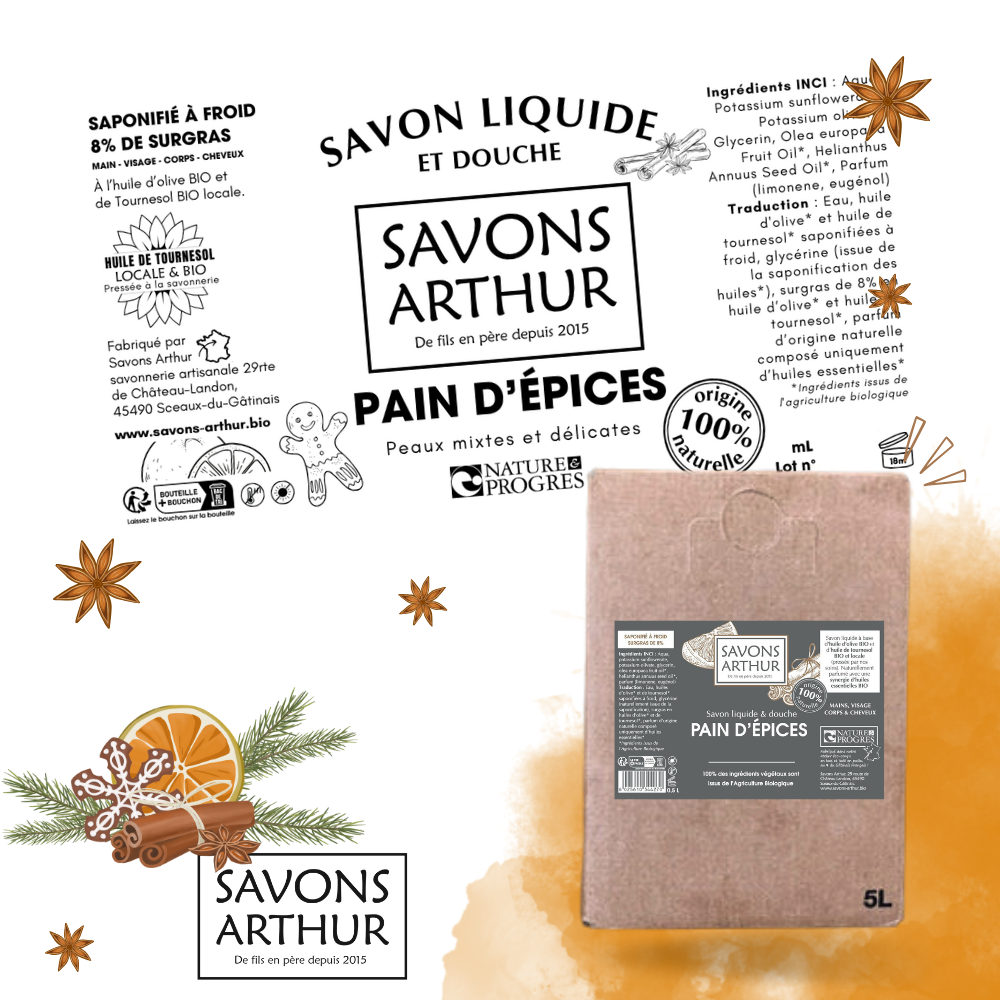 Étiquette savon liquide à froid. Peaux mixtes et matures. Orange, cannelle