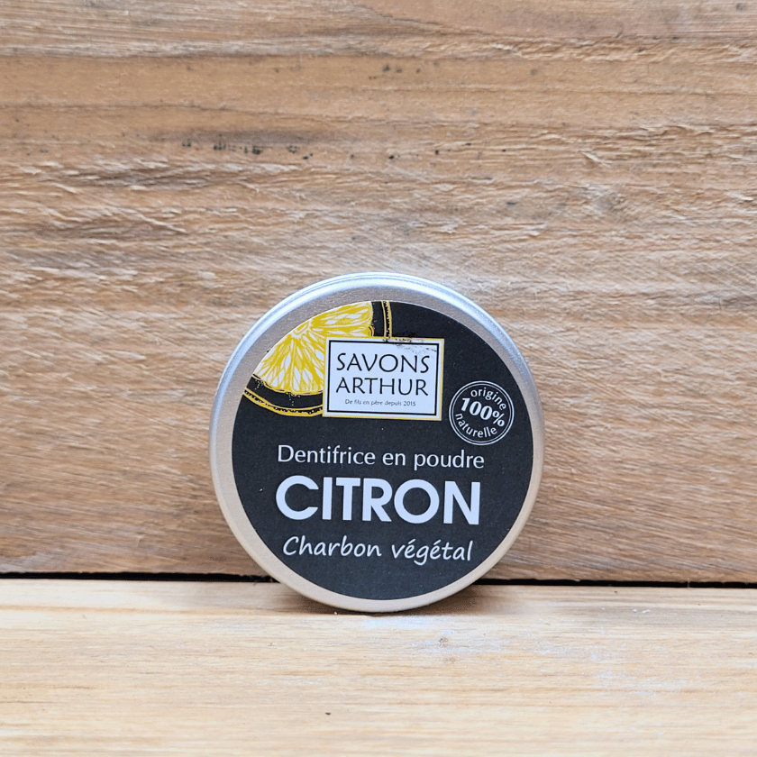 Dentifrice en poudre citron bio et charbon végétal. Sans fluor. Soin des dents et des gencives.