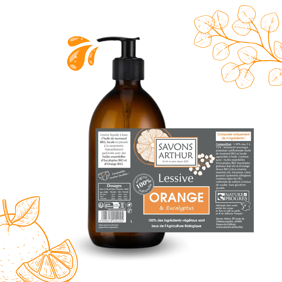 Étiquette de lessive à l'orange et eucalyptus bio