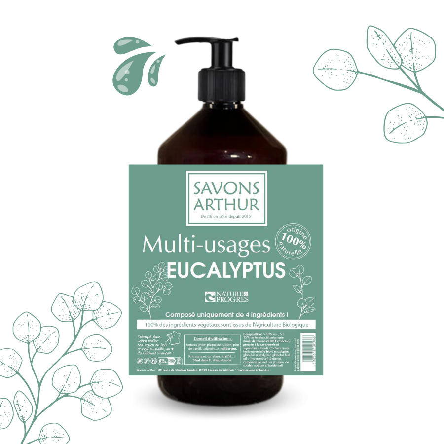 Étiquette nettoyant multi-usages à l'eucalyptus bio. Entretien multi-surface.