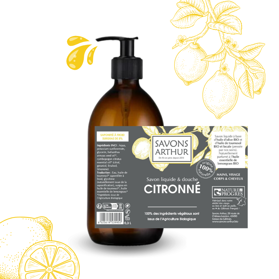 Étiquette du savon citronné. Savon liquide à froid pour les peaux mixtes et grasses