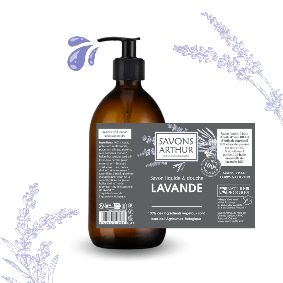 Étiquette de savon liquide à froid à la lavande bio. Peaux mixtes et délicates 