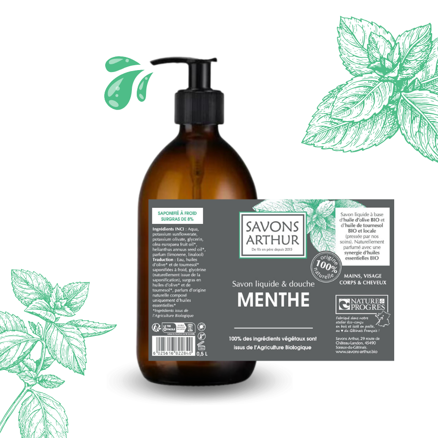 Étiquette de savon liquide à froid à la menthe bio. Peaux mixtes et délicates.