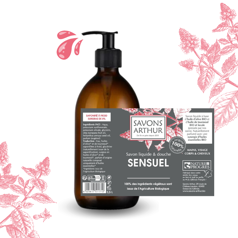Étiquette de savon liquide à froid au patchouli bio. Peaux mixtes et grasses.