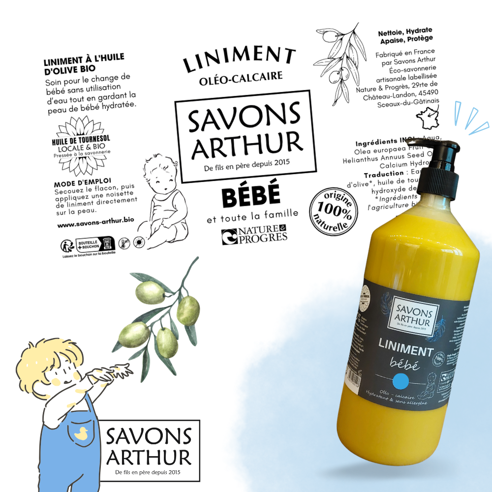 Étiquette liniment bébé et démaquillant Savons Arthur