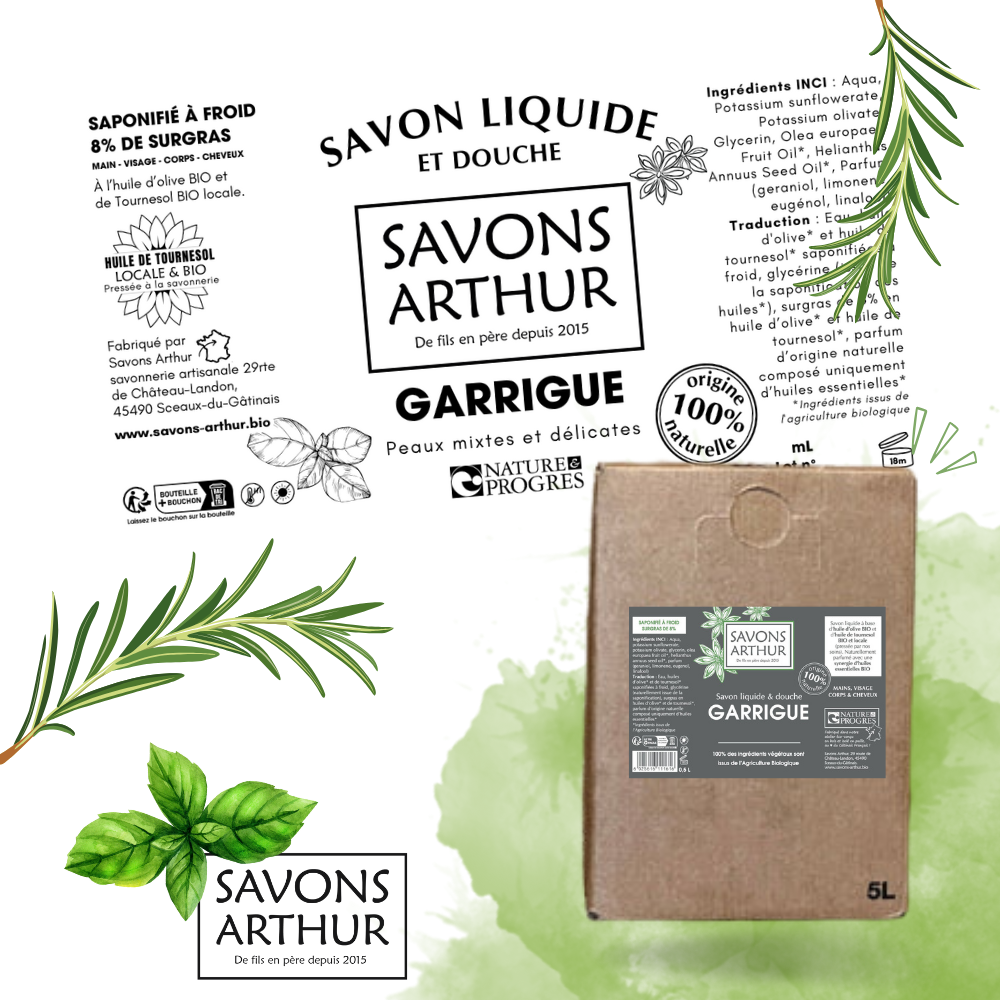Étiquette savon liquide à froid. Peaux mixtes et délicates. Basilic et romarin